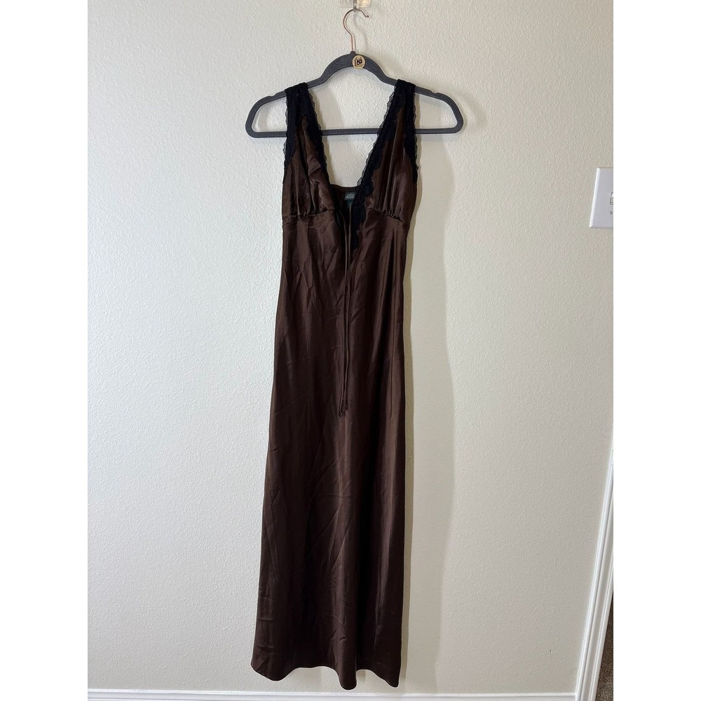 Wild Fable Brown Satin Lace Trim Tie Front Maxi Slip Dress Womens XS Sleeveless